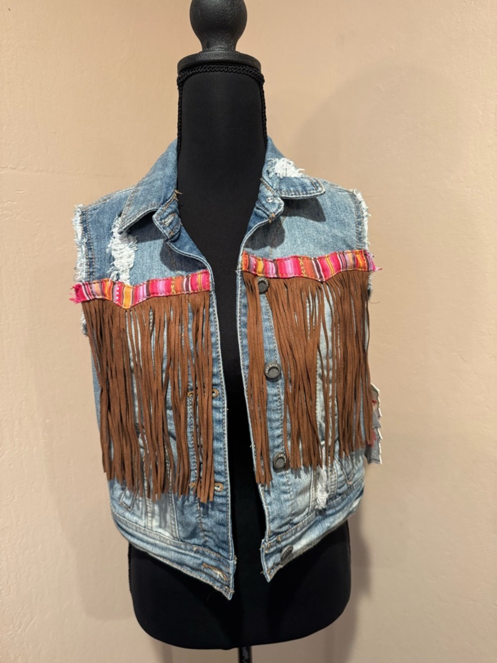 Hot Kiss Distressed Denim Fringe Vest with Vibrant Multi Colored Appliqué